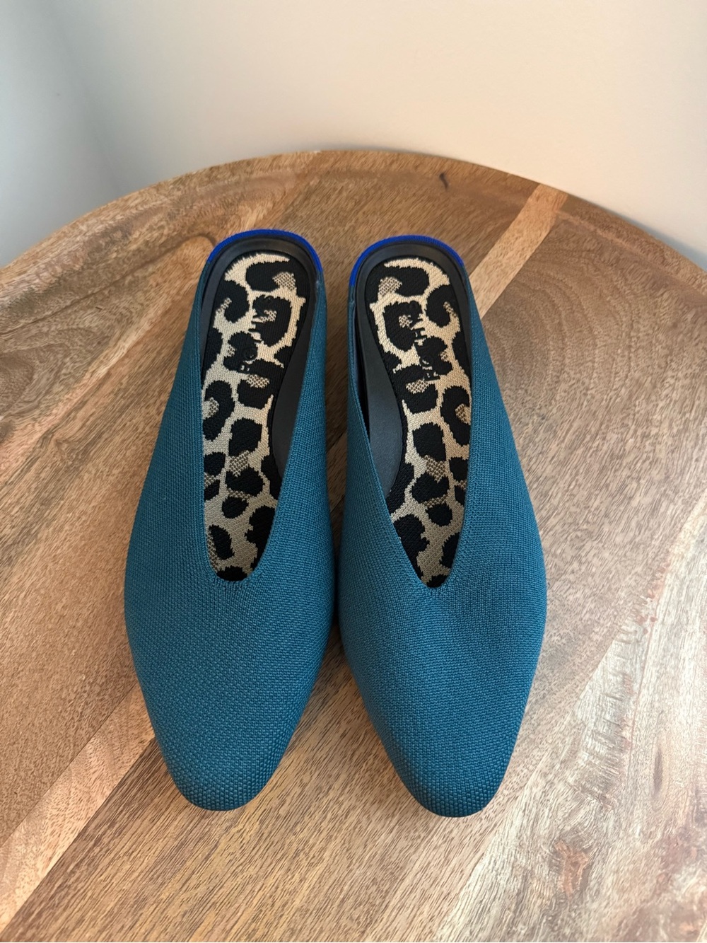 Rothy's The Mule Pointed Toe Teal Blue Knit Leopard Insole Tortoise Sole Size 9
